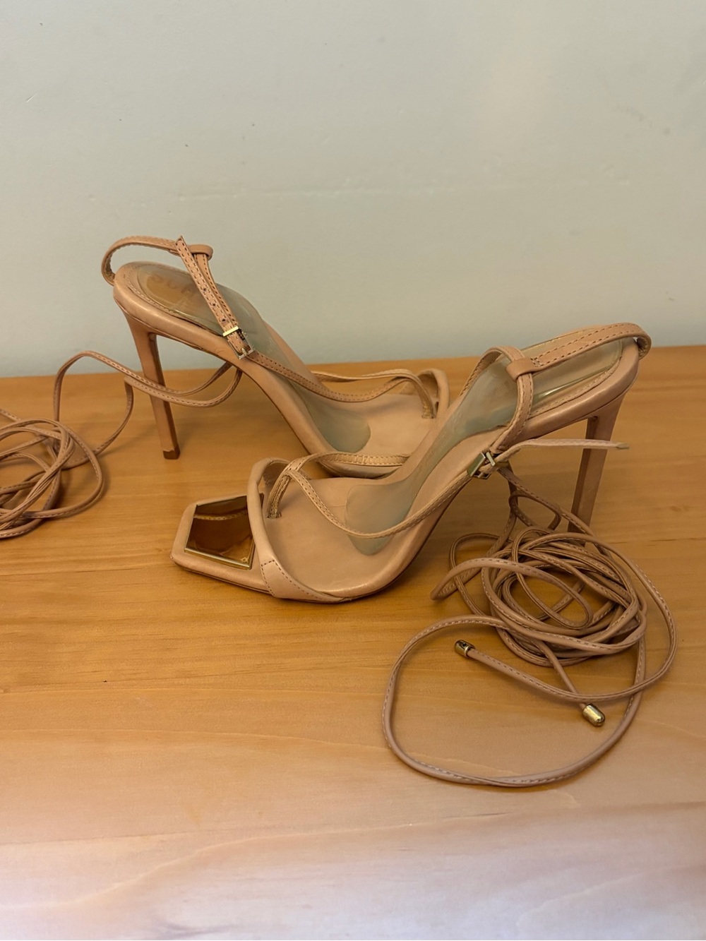 SCHUTZ Nude/Tan Lace-Up Stiletto Sandals